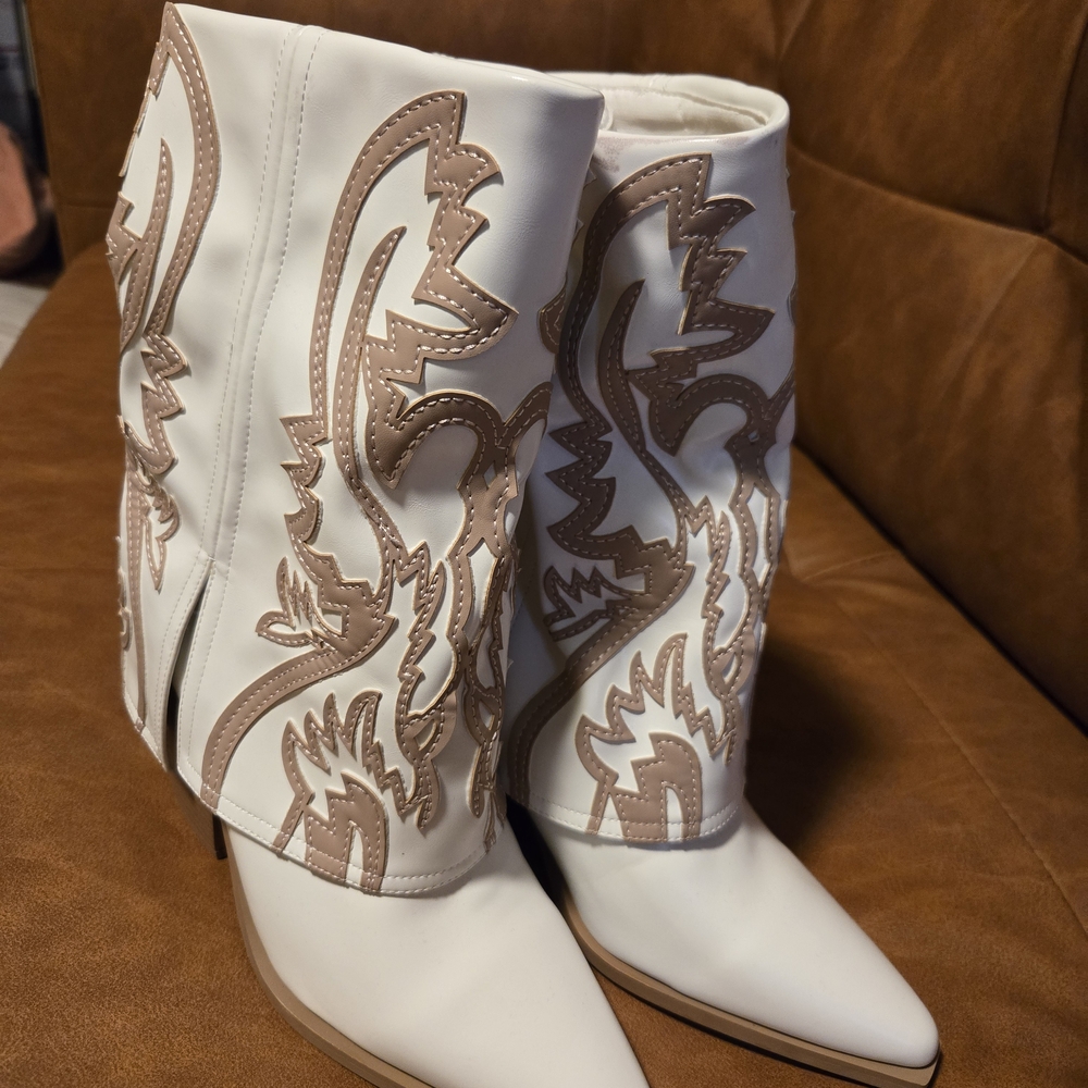 Elegant White and Tan Heeled Boots Vegan Leather